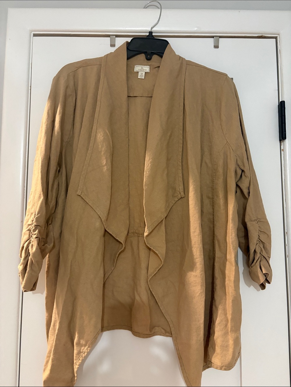 Jules & Leopold Draped Open-Front Jacket in Camel Tan